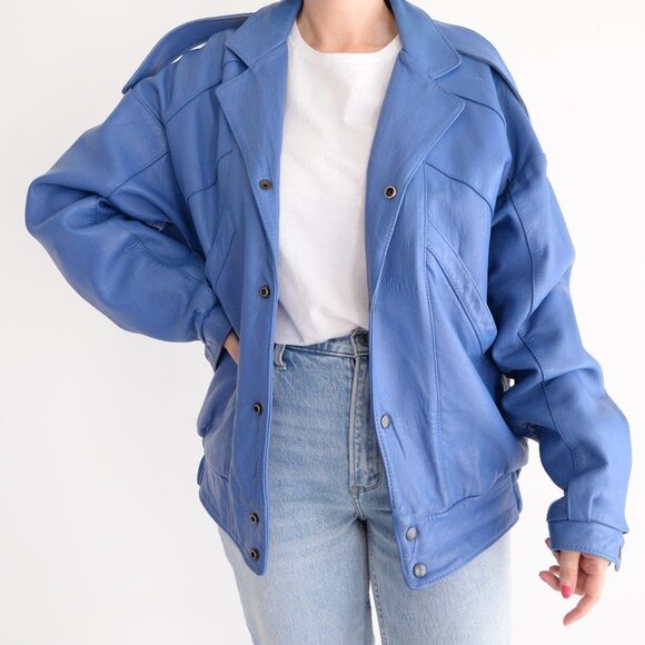 Women's Blue Leather Jacket - Picture 2 of 14